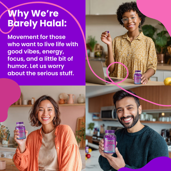 Barely Halal Gummies - Ashwagandha, Shilajit, Sea Moss, Lion's Mane, Black Seed - Halal Certified, Vegan, Mood &Focus Support - 60 Gummies
