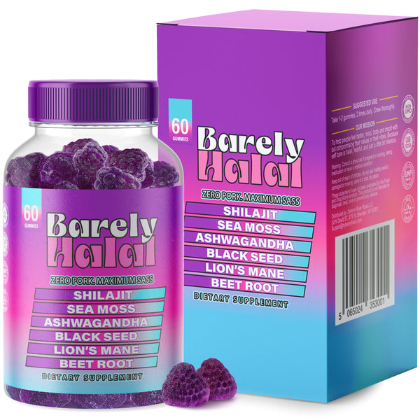 Barely Halal Gummies - Ashwagandha, Shilajit, Sea Moss, Lion's Mane, Black Seed - Halal Certified, Vegan, Mood &Focus Support - 60 Gummies