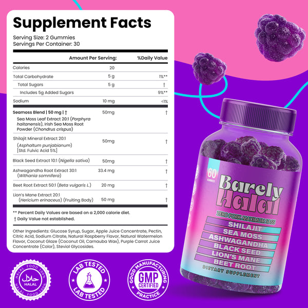 Barely Halal Gummies - Ashwagandha, Shilajit, Sea Moss, Lion's Mane, Black Seed - Halal Certified, Vegan, Mood &Focus Support - 60 Gummies